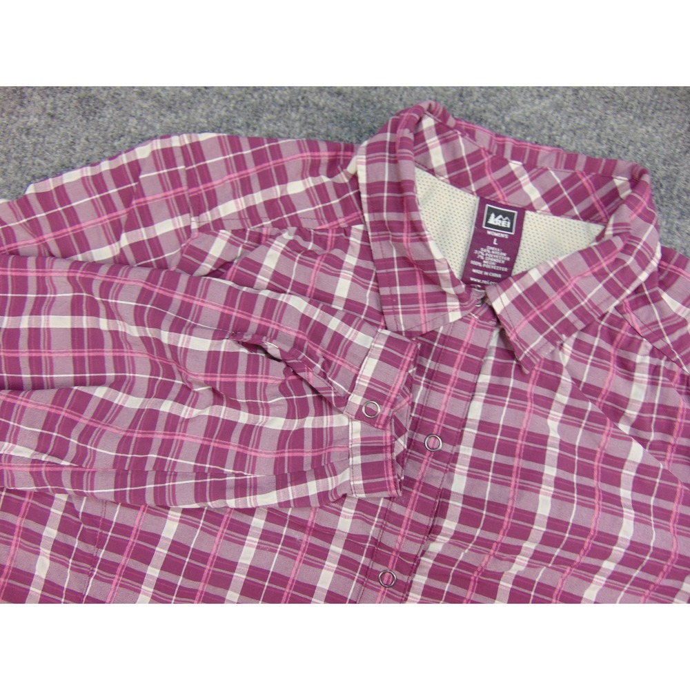 REI Button Down Shirt Womens Large Purple Plaid Hiking Gorpcore Outdoors